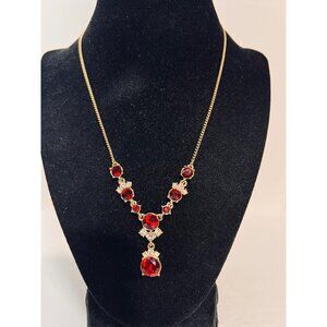 Givenchy Gold Tone With Red And Clear Crystals Statement Necklace (6299)